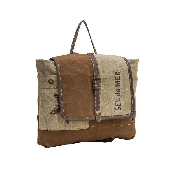 Myra Bag Handmade Tahini Backpack Upcycled Canvas & Cowhide Leather - Picture 3 of 9